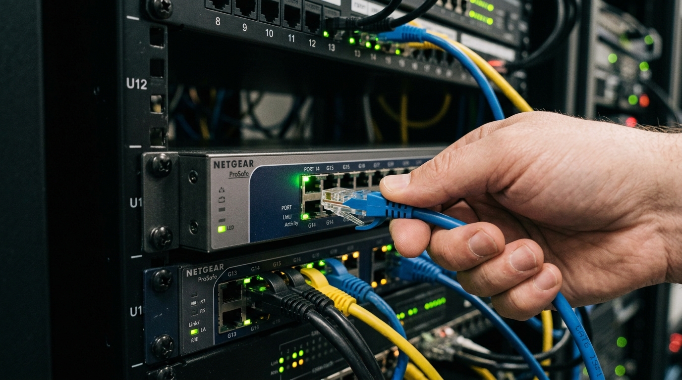 Conexão de cabo Ethernet em rack de rede