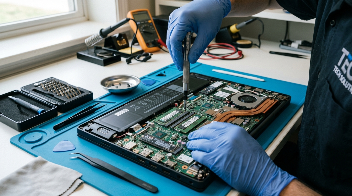 Técnico realizando manutenção em notebook